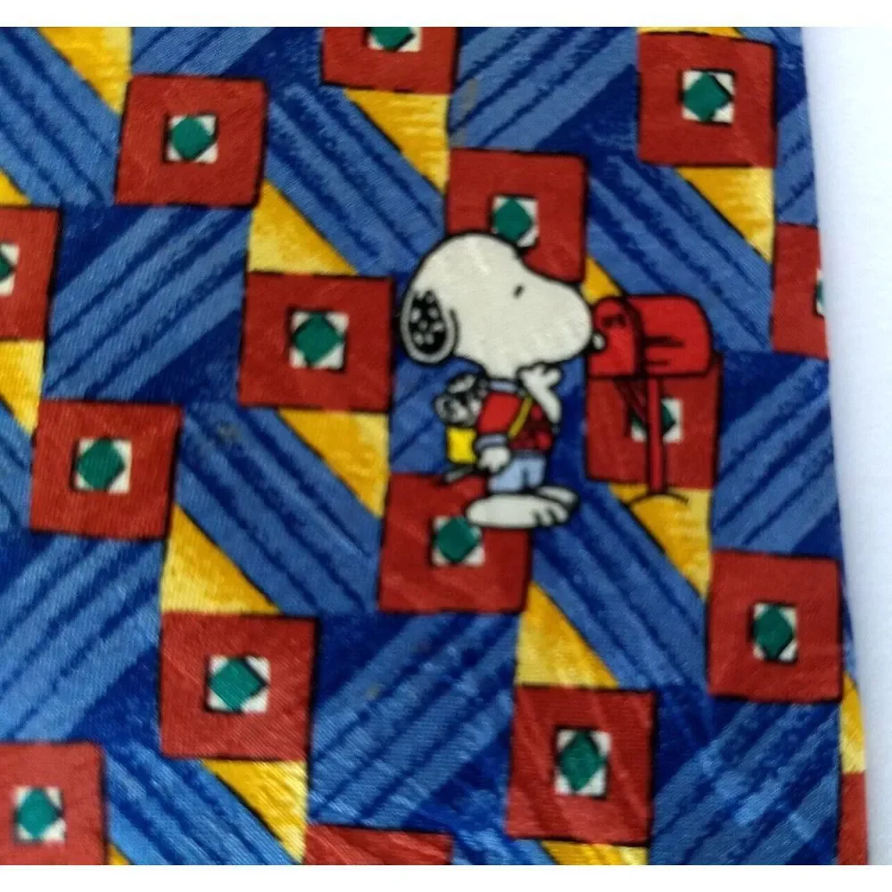 SNOOPY Peanuts Silk Tie Is It Friday Yet? Blue Red & Yellow Geometric Stripe USA